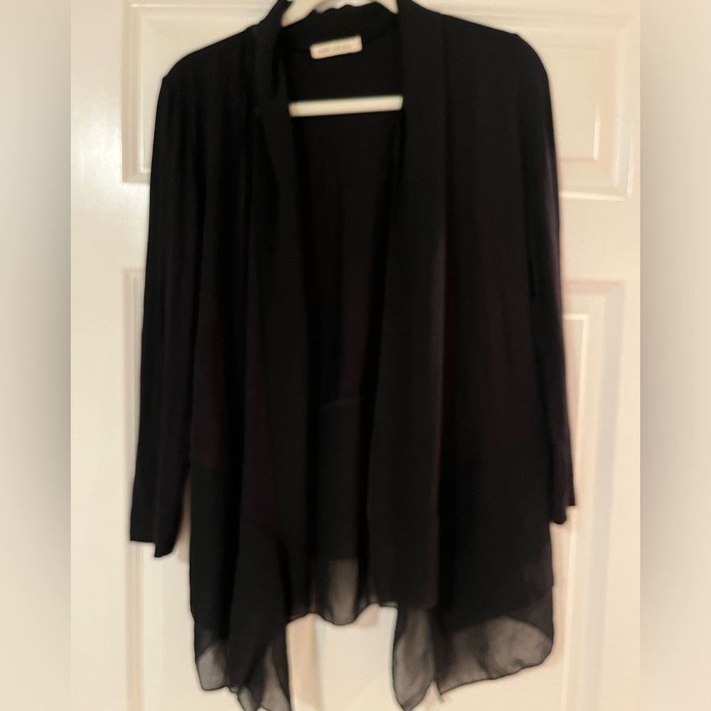 Black pebble and stone sz S cardigan with flowy scarf like trim